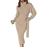 ZESICA Women's Turtleneck Sweater Midi Dress Long Sleeve Ribbed Knit Bodycon Slit Dress with Belt