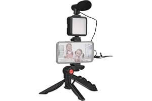 Sunydog Mini Smartphone Vlog Kit with LED Video Light, Cardioid Microphone, Extendable Phone Clip, Adjustable Brightness Tripod for Live Streaming, Vlogging, Video Conferencing & Selfies