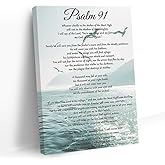 QIXIANG Bible Verse Wall Art Psalm 91 Picture Wall Decor Religious Paintings Christian Scripture Artwork Church Decor Framed(Blue,12L x 18W)