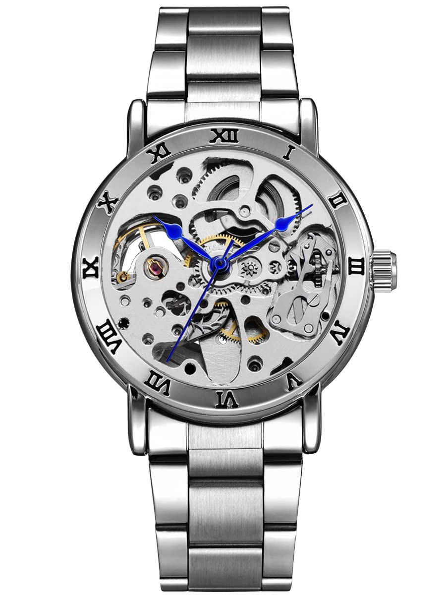 Alienwork Automatic Watch Men Women Silver Stainless Steel Metal Strap Skeleton Glass Bottom