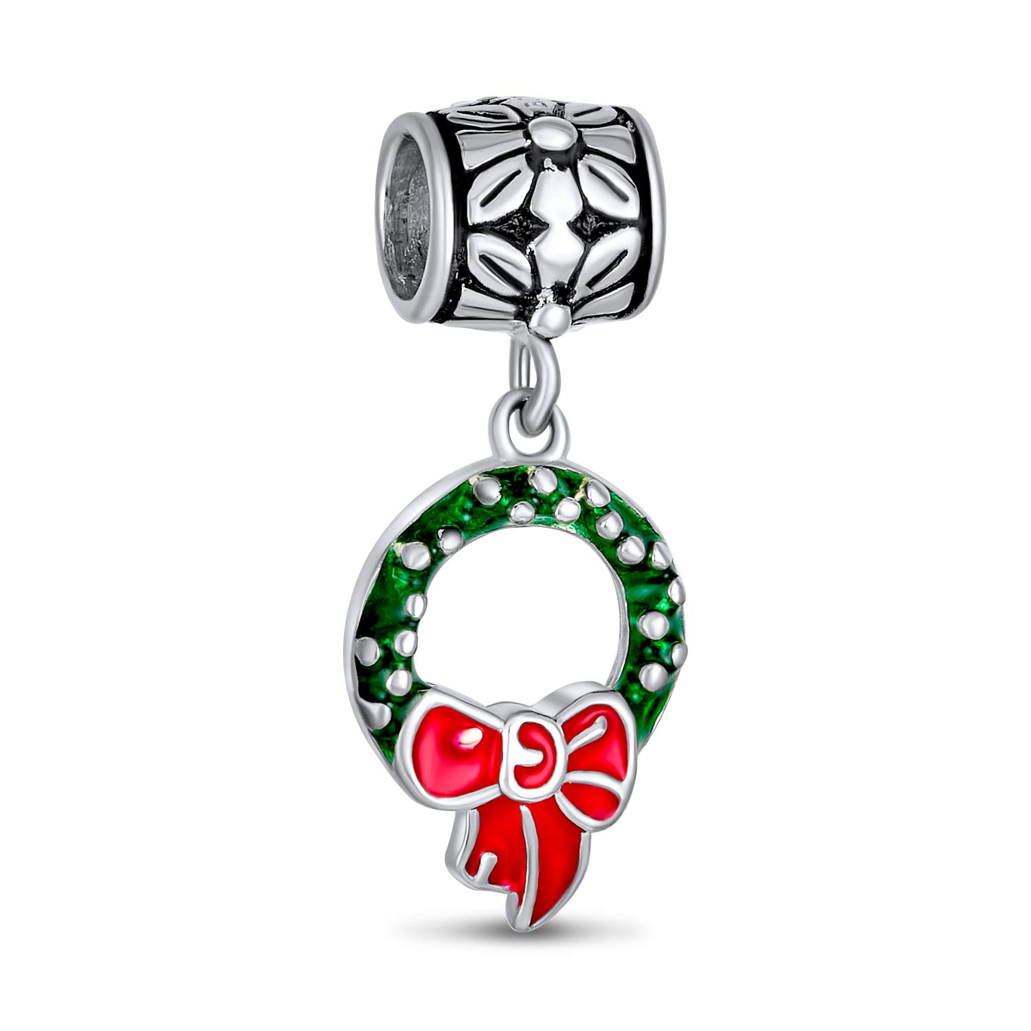 Green Christmas Holiday Red Bow Green Wreath Dangle Charm Bead For Women Teen Enamel .925 Sterling Silver Fits European Bracelet