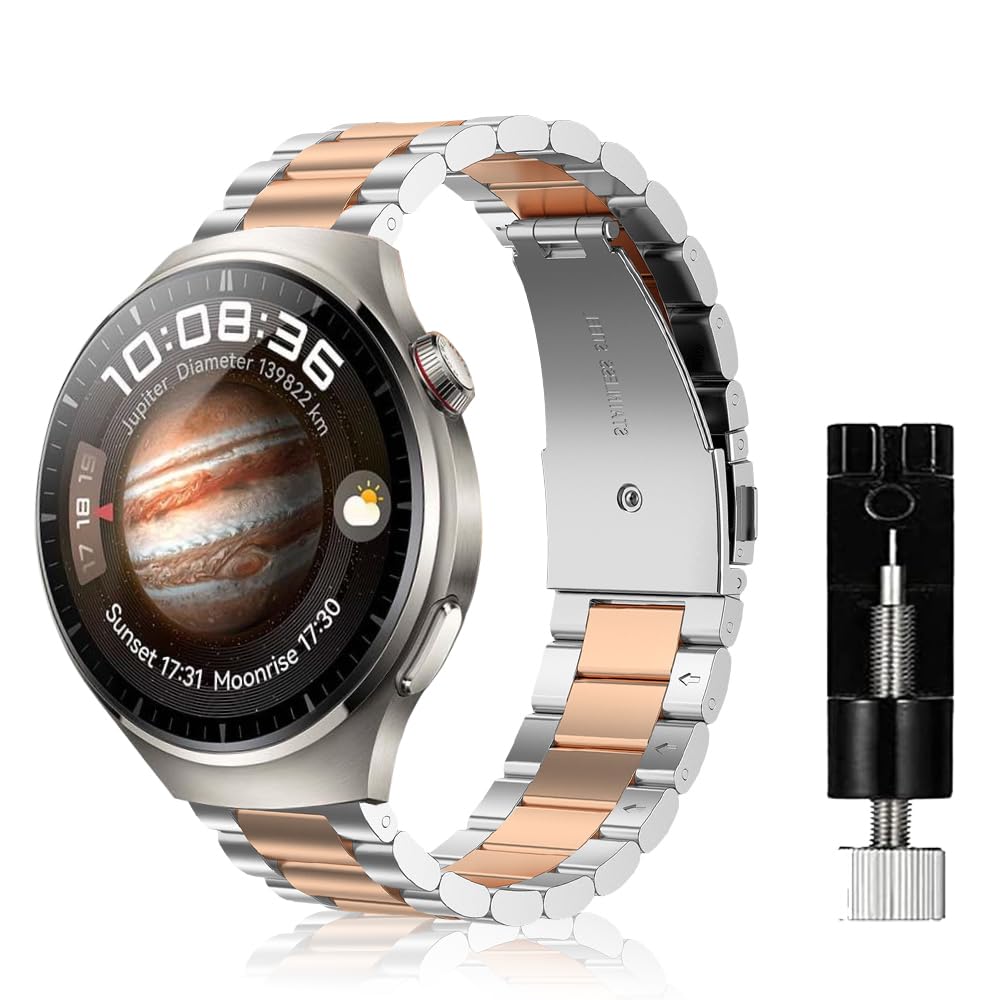 SeNool 22mm Strap for Huawei Watch GT 6/GT 6 Pro/GT 5/GT 5 Pro/GT 4/GT 3 (46mm), Metal Stainless Replacement Watch Bands for Huawei Watch 5/Watch4/Watch3 Pro (46mm)/Watch4 Pro 48mm - Silver/Rose Gold