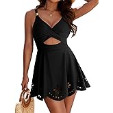 Zojuyozio Women One Piece Swimsuit Tummy Control Cutout Skirt Bathing Suit Gold Metal Twist Front Swim Dress