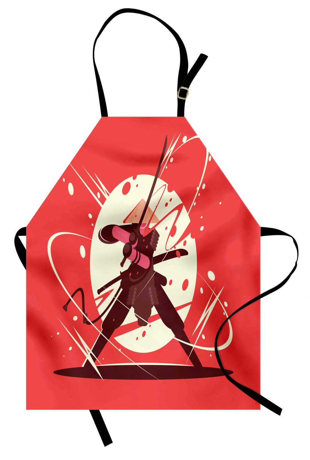 ABAKUHAUS Samurai Apron, Oriental Figure with Circular Motif Background Traditional Japanese, Unisex Kitchen Bib Apron with Adjustable Neck for Cooking Baking Gardening, Dark Coral Brown Cream