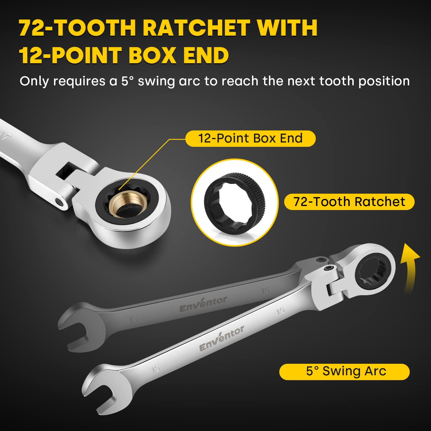 Enventor Schraubenschlüssel-Ratschenset, 14-teilig, 6-19mm, Ringmaulschlüssel, Gabelschlüssel-Ringmaul-Schlüssel-Set, 72 Zähne, 5° Schwenkbereich, Chrom-Vanadium-Stahl, Oxford-Tasche 4