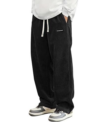 Seidarise Men's Corduroy Pants Wide wale Baggy Relaxed fit Black
