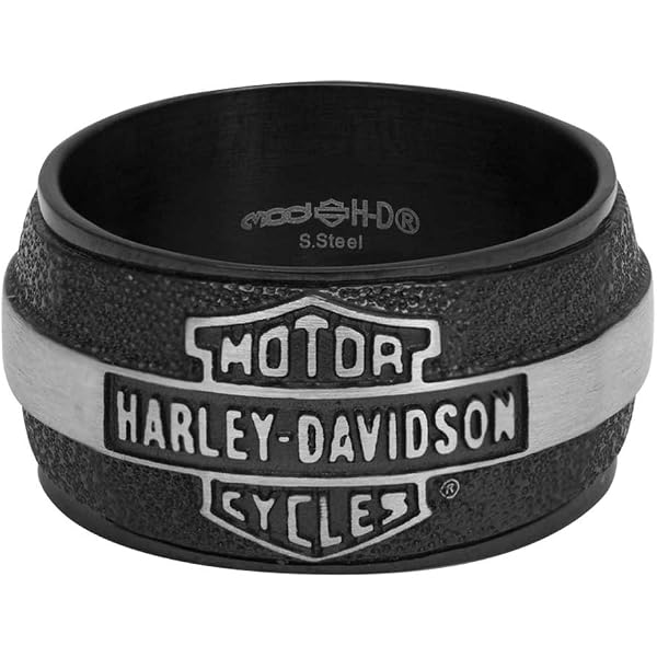 Anello Uomo Harley-Davidson - Fascia In Acciaio Nero Con Barra E Scudo, Modello HSR0021