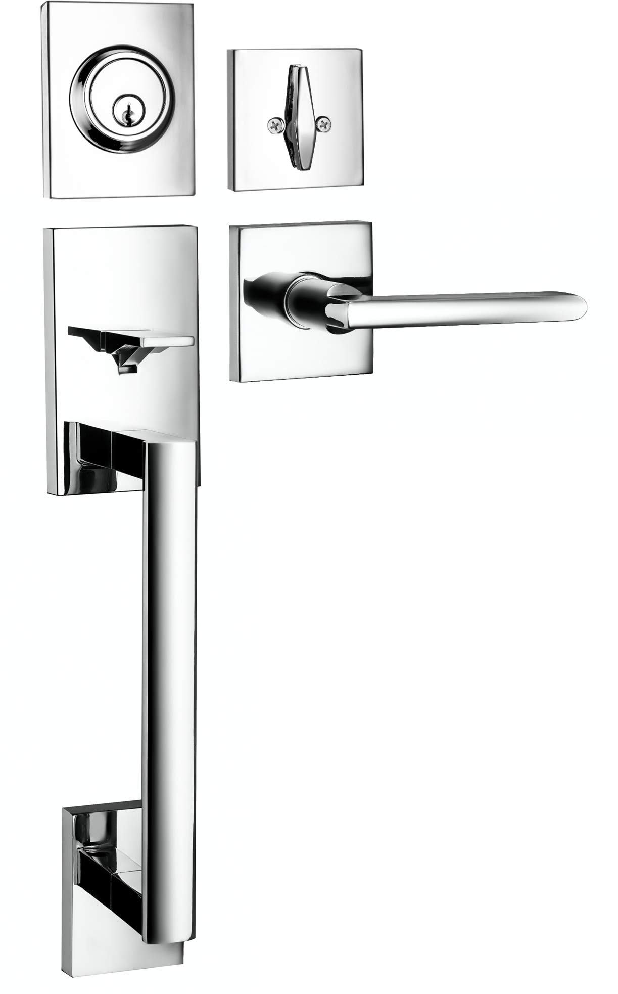 Berlin Modisch HandleSet Front Door Entry Handle and Deadbolt Lock Set Slim Square Single Cylinder Deadbolt and Lever Reversible for Right & Left Sided Doors Heavy Duty – Polished Chrome Finish