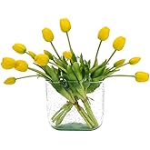 DUYONE 15pcs Artificial Tulips Flowers, Latex Bouquet, Fake Tulips for Office Wedding Party Home Kitchen Garden Decoration(Yellow,15pcs)