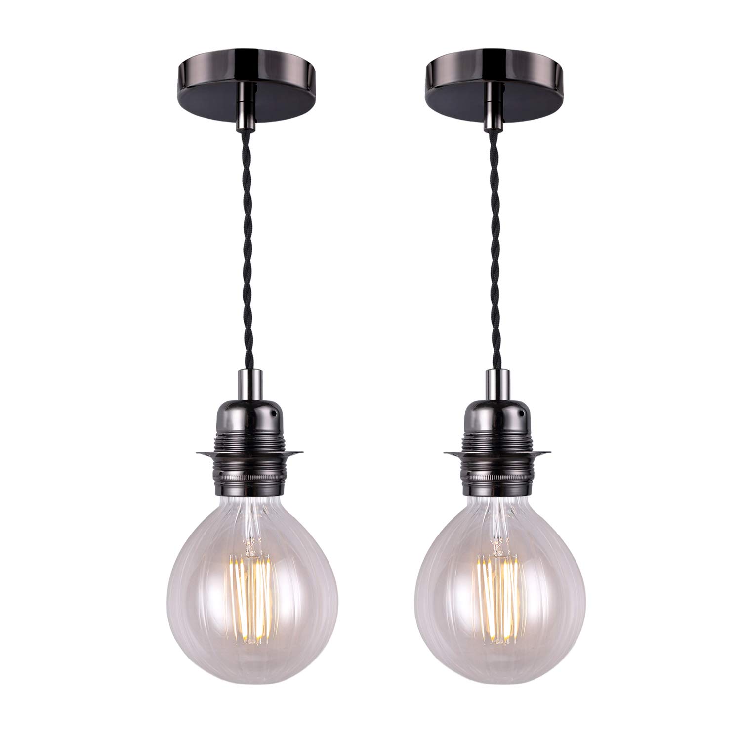 SHINY STAR Vintage Pendant Light Fitting, Black Finish Retro Style E27 Lamp Holder, Black Ceiling Rose with Braided Twisted Cable -2 Pack of KIT04BLK
