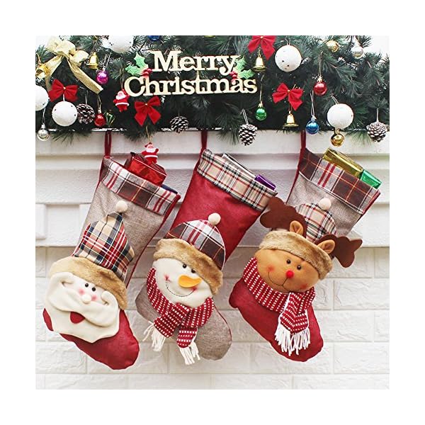 YAMUDA 3 Pcs New Year Christmas Stockings Socks Plaid Santa Claus Candy Gift Bag Xmas Tree Hanging Ornament Decoration - Image 3