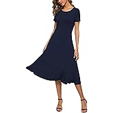 EXCHIC Women's Casual Round Neck Short Sleeve Midi Dress Solid Stretchy Waist Knee Long Dress