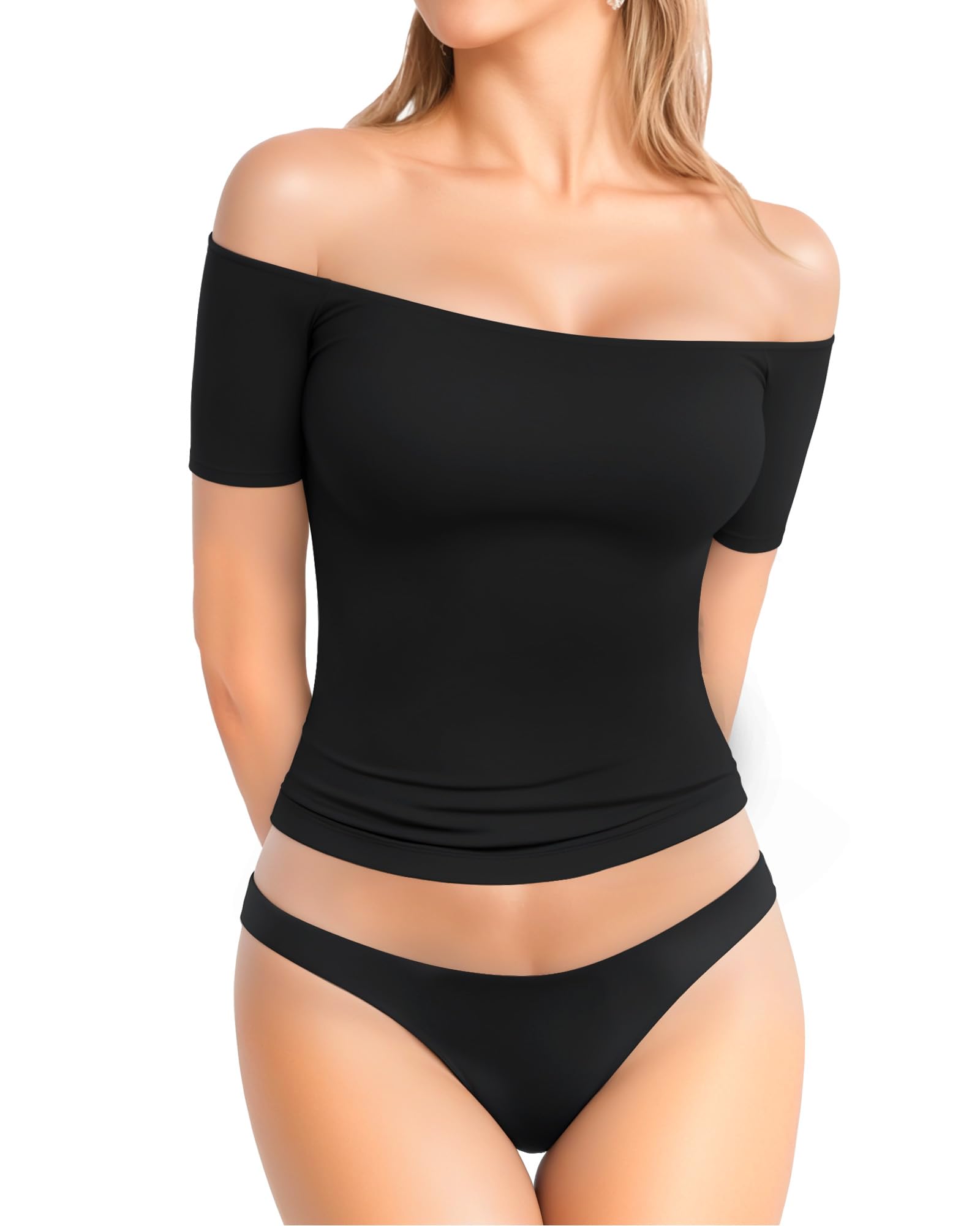 Photo 1 of MANGOPOP Off The Shoulder Tops for Women Sexy Short Sleeve T Shirt Slim Stretchy Fitted Tee Casual Blouse Going Out Tops (A1-Short Sleeve Black, X-Large)