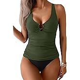 Eomenie Women's Tankini Swimsuit Two Piece Tummy Control Bathing Suit V Neck Ring Linked Swimwear with High Waisted Bottoms