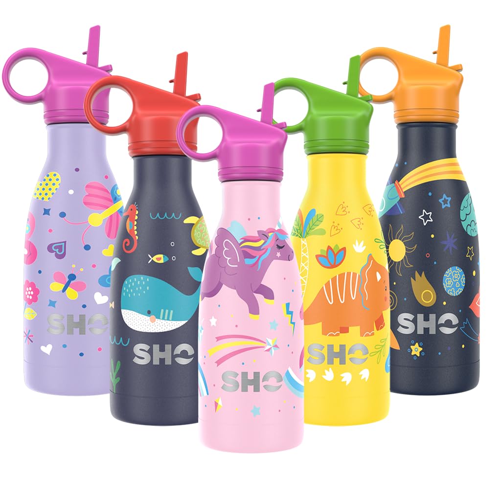 SHO Kids Bottle - Original 2.0 - Ultimate Insulated, Double Walled Stainless Steel Vacuum Flask & Water Bottle - 12 Hours Hot & 24 Hours Cold - 260ml - BPA Free (260ml, Unicorn with Straw Lid) — image 1