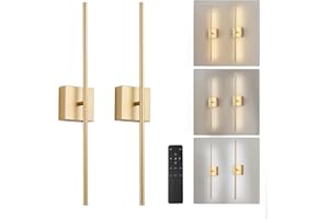 KARTOOSH Removable Battery Operated Wall Sconces with Remote Control, Stepless Colors 3000K-6000K & Dimming, 350°Rotate, LED Gold Wireless Wall Light for Living Room, Bedroom, 28.3 Inch (2 Pack)