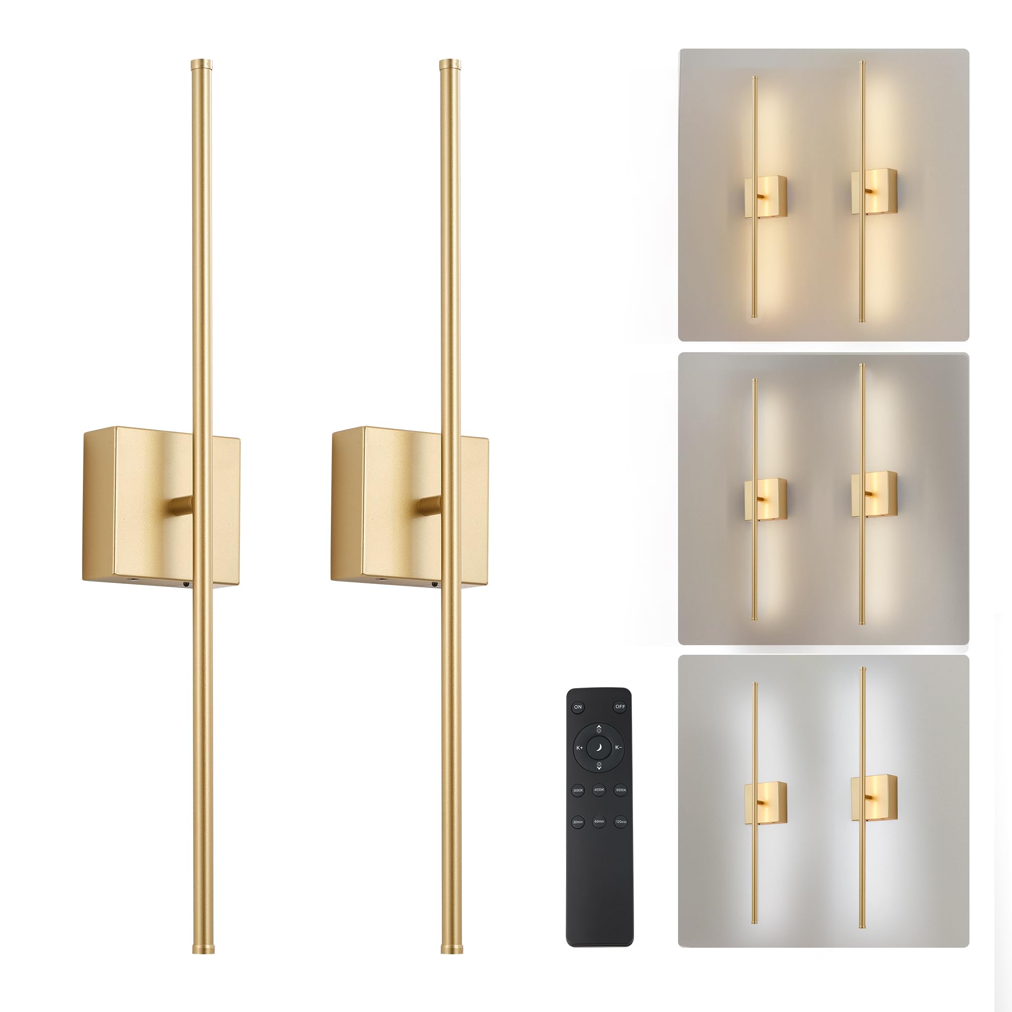 Photo 1 of **PARTIAL SET/ 1 FUNCTIONAL 1 IS FOR PARTS** ARTOOSH Removable Battery Operated Wall Sconces with Remote Control, Stepless Colors 3000K-6000K & Dimming, 350°Rotate, LED Gold Wireless Wall Light for Living Room, Bedroom, 28.3 Inch (2 Pack)