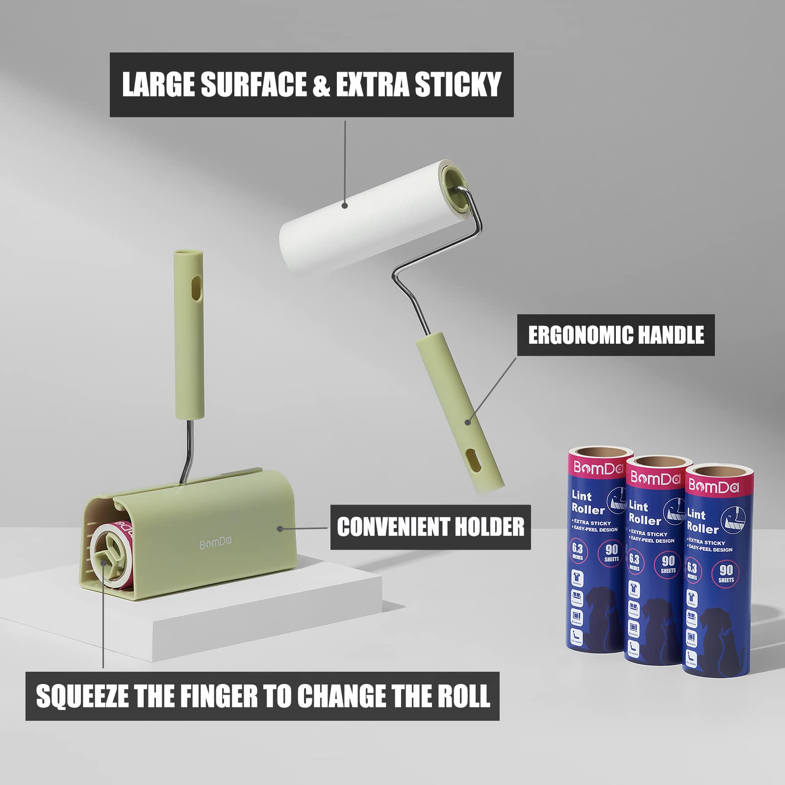 Extra Sticky Large Surface Lint Roller, 6.3'' Giant Lint Roller for Pet Hair, 270 Sheets/ 3 Refills, Long Handle Lint Remover for Clothes, Furniture, Dog & Cat Hair Remover