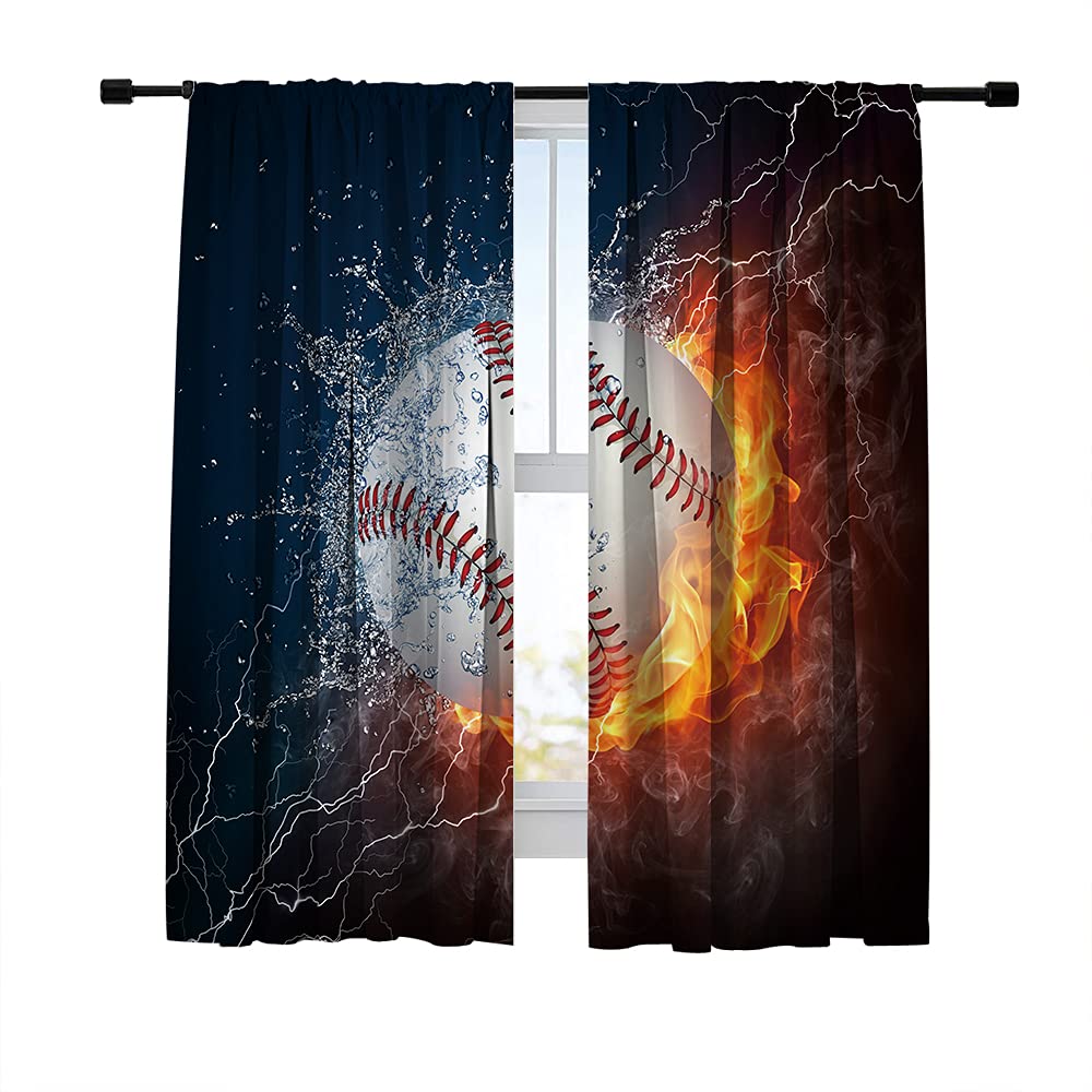 Misscc Room Darkening Blackout Curtains for Bedroom, Baseball Ball in Fire and Water with Lightening Around on Black Background, 42 x 63 Inch Light Blocking Print Window Curtains (2 Panels)