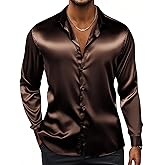 Hi-Tie Men's Silk Satin Dress Shirts Long Sleeve Shiny Casual Button Up Shirts Luxury Party Disco Prom Wedding Shirt