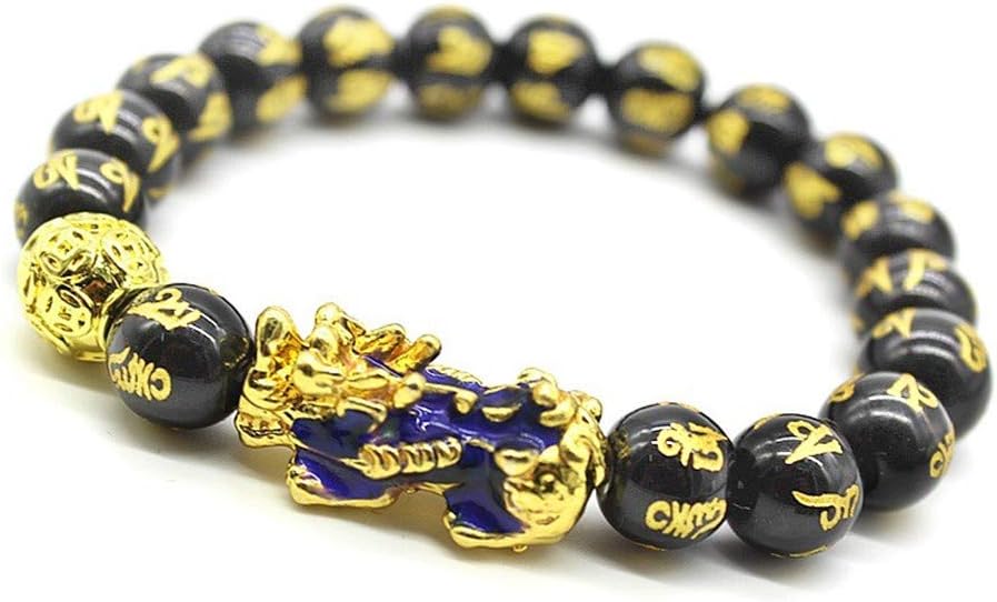 Feng Shui Prosperity 10mm Hand Carved Mantra Bead Bracelet with Color Changed Pi Xiu/Pi Yao Attract Wealth and Good Luck