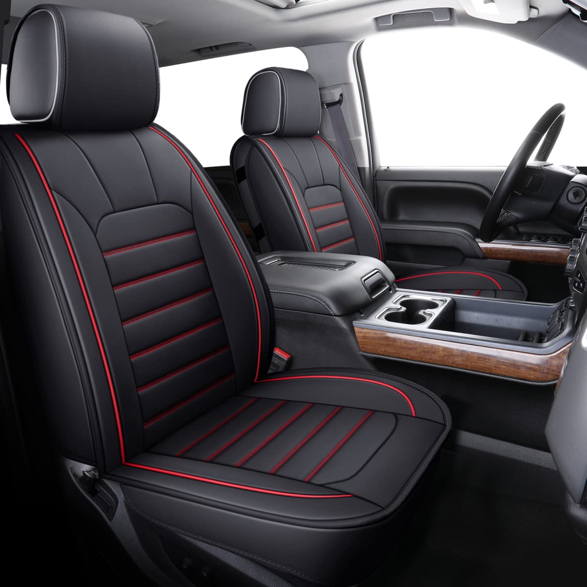 View 1 of **PARTIAL SET/ BACK SEAT COVERS ONLY*** LUCKYMAN CLUB Silverado Seat Covers Fit for 2007-2023 2024 2025 Chevy Sierra Silverado 1500 2500 3500 Crew,Double,Extended Cab with Water Proof Faux Leather (Black & Red Full Set)