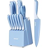 hecef 15 Pieces Kitchen Knife Set with Built-in Sharpening Wooden Block, Dishwasher Safe, High Carbon Stainless Steel Knife Block Set with Steak Knives, Kitchen Scissors, Blue