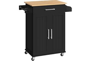 Yaheetech Kitchen Island on Wheels with Storage Cabinet, Rolling Kitchen Cart with Bamboo Top & Drawer & Spice Rack Towel Bar, Microwave Stand Cart for Kitchen/Dining Room, Black
