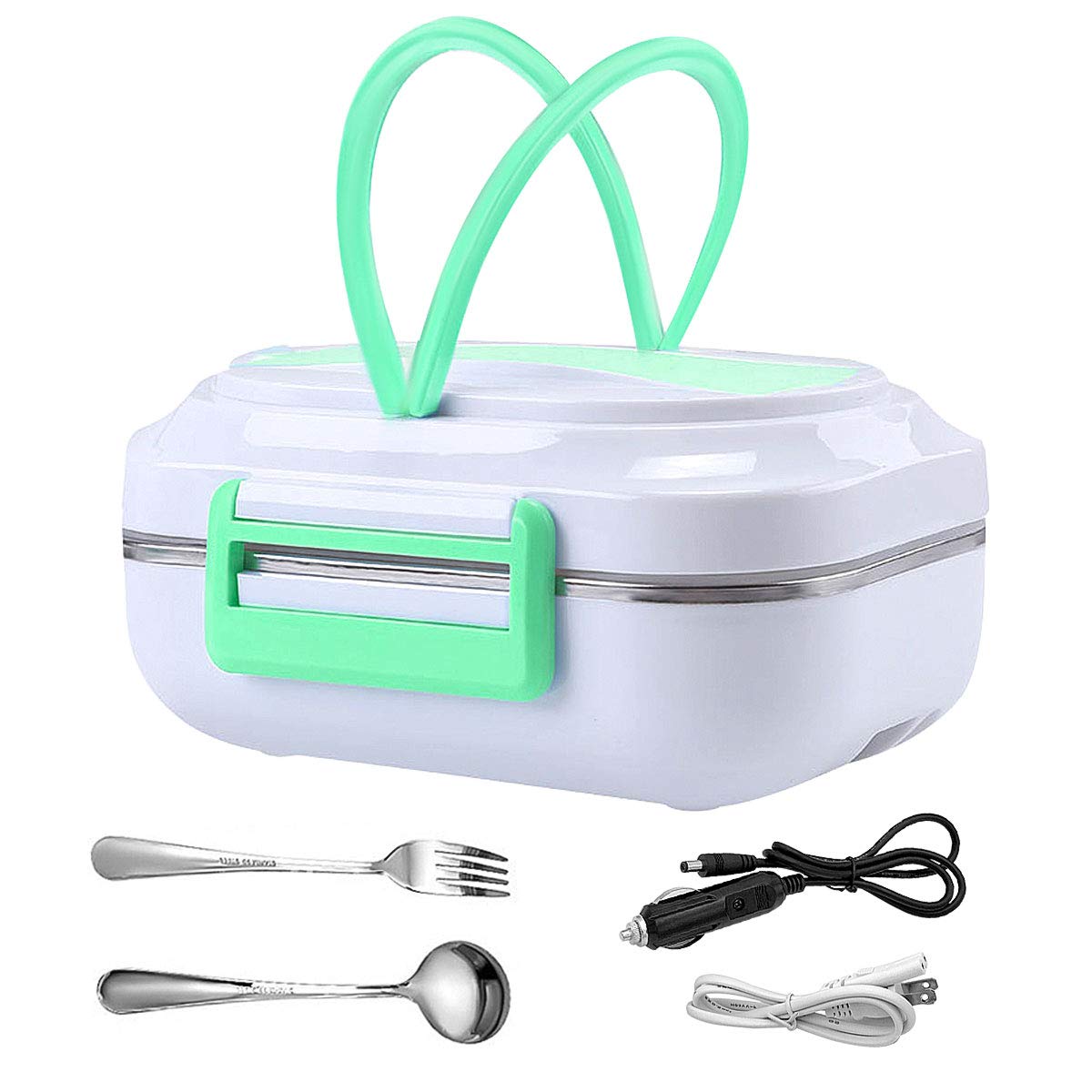 Womnord Electric Heating Lunch Box Car 12V Office School 110V Food Heater Warmer Portable Bento Meal Heater Steamer with Fork Spoon Removable 304 Stainless Steel Container for Home Traveling Use Green