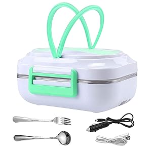 Womnord Electric Heating Lunch Box Car 12V Office School 110V Food Heater Warmer Portable Bento Meal Heater Steamer with Fork Spoon Removable 304 Stainless Steel Container for Home Traveling Use Green