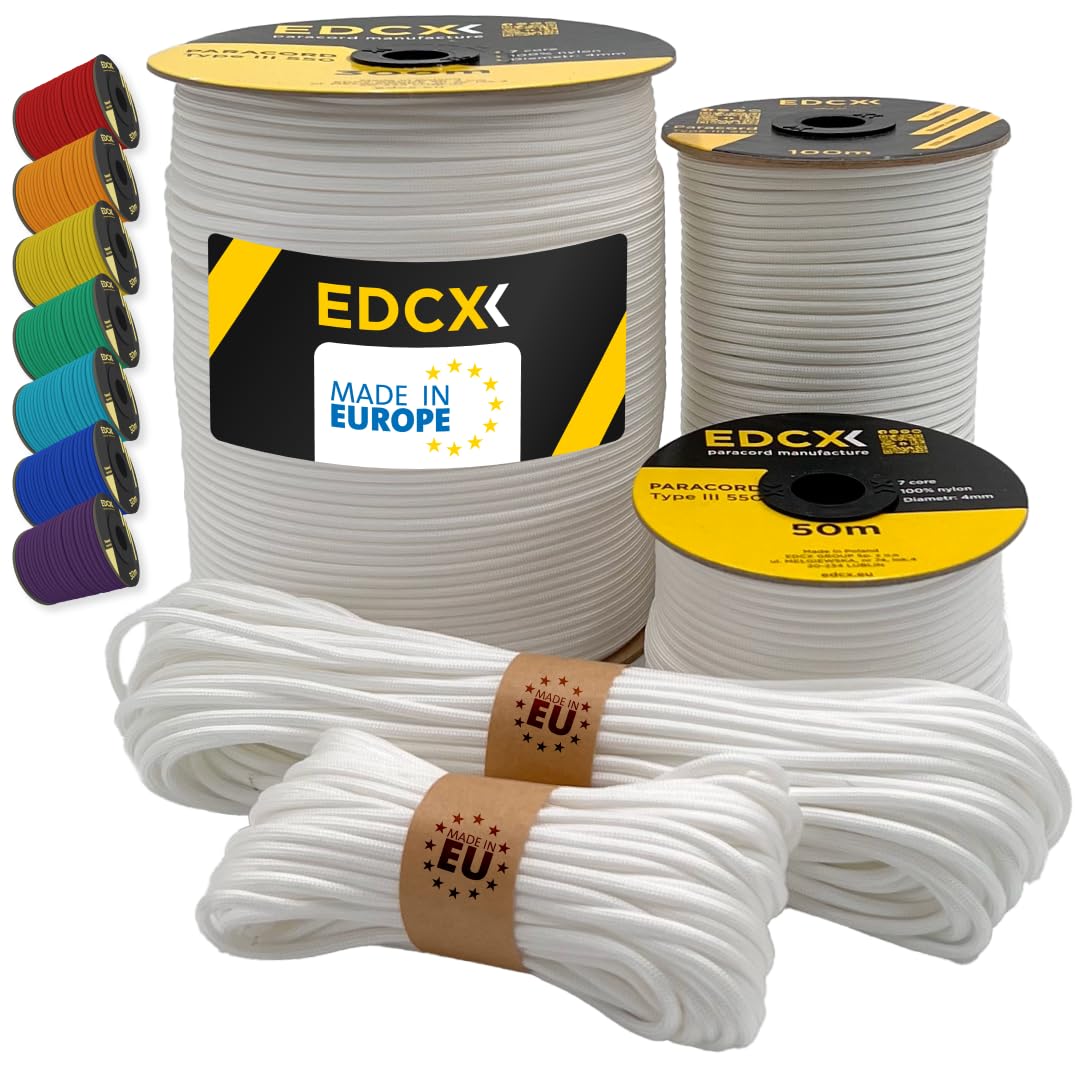 EdcX Paracord 4mm, 35+ Solid Colors (10m, 15m, 30m, 50m, 100m, 300m) | Ideal for Crafting, DIY, Camping, Survival, Outdoor | 100% Nylon Rope 4mm | Tactical Cord 550 Type III (White, 15 m) — image 1