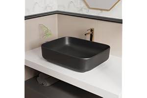 ELLAI Bathroom Vessel Sink Rectangle Above Counter Porcelain Ceramic Top Mount Rectanglar Countertop Sink for Bathroom 19.7"x15.2"x5.4" Matte Black with Pop Up Drain