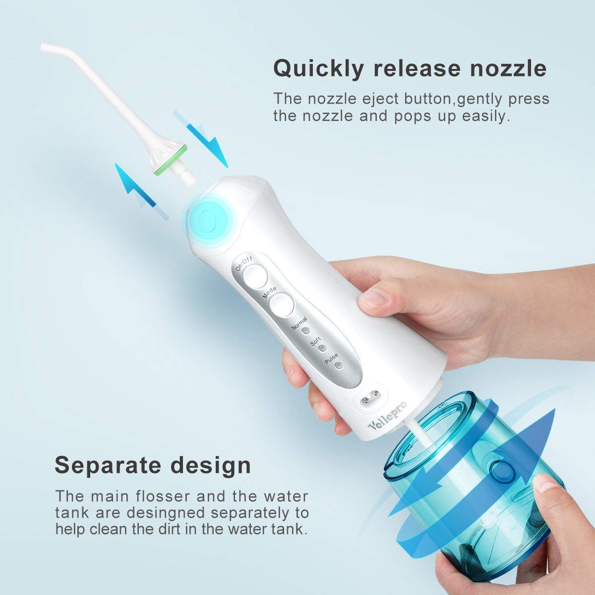 Vellepro Cordless Water Flosser Portable Dental Oral Irrigator USB Rechargeable With Professional 3 Modes & 4 Jet Tips Teeth Cleaner & Tips Box IPX7 Waterproof for Home and Travel