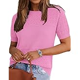 Tisfeer Short Sleeve Sweater for Women 2026 Spring Summer Crew Neck Eyelet Knit Shirts Loose Fit Lady Casual Blouse Tunics