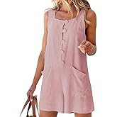 CHARTOU Women Shorts Overall Front Button Cotton Linen Summer Wide Leg Shorts Romper