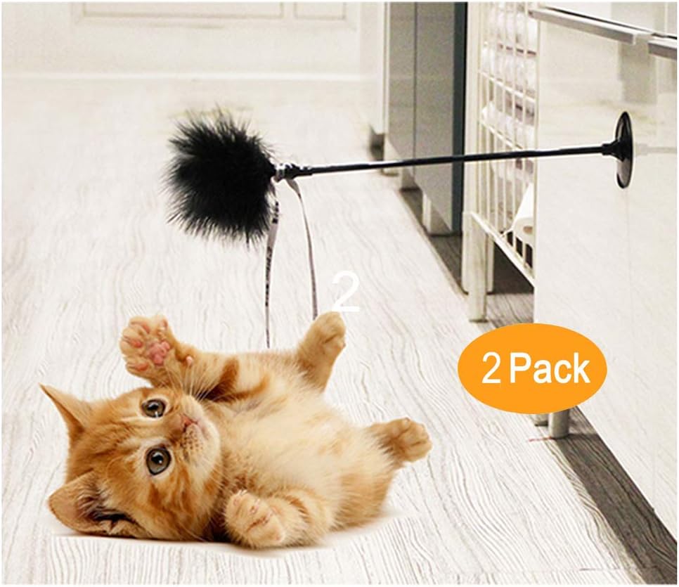 Yvelife Interactive Cat Teaser Feather Wand Toy with Suction Cup,2 PCS (White and Black)