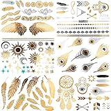 COKOHAPPY 6 Sheets Jewelry Temporary Tattoo , Universe Wing Feather Dream Catcher Flash Metallic Tattoo in Gold Silver , Easy to Apply and Long Lasting for Women