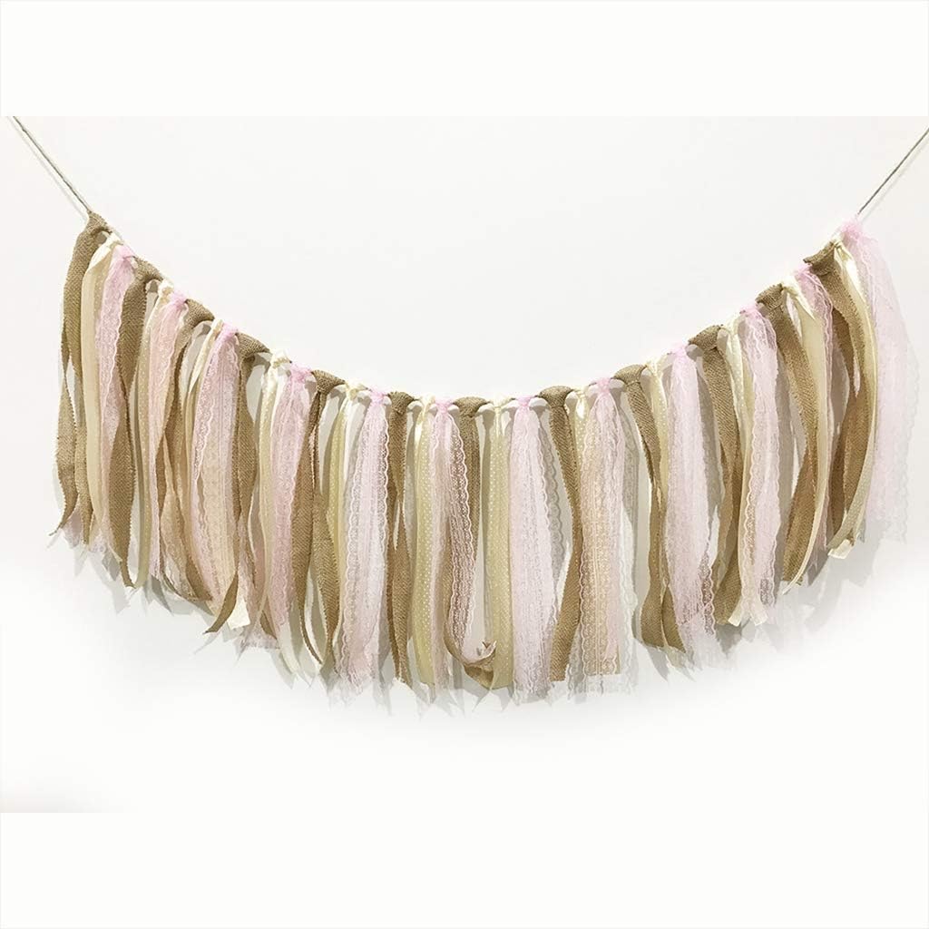 CIEOVO Burlap Lace Ribbon Tassel Garland Lace Rig Tie Burlap Banner for Baby Shower Rustic Wedding Backdrop Party Decor Shabby Chic Banner Nursery Photo Props (Pink lace)