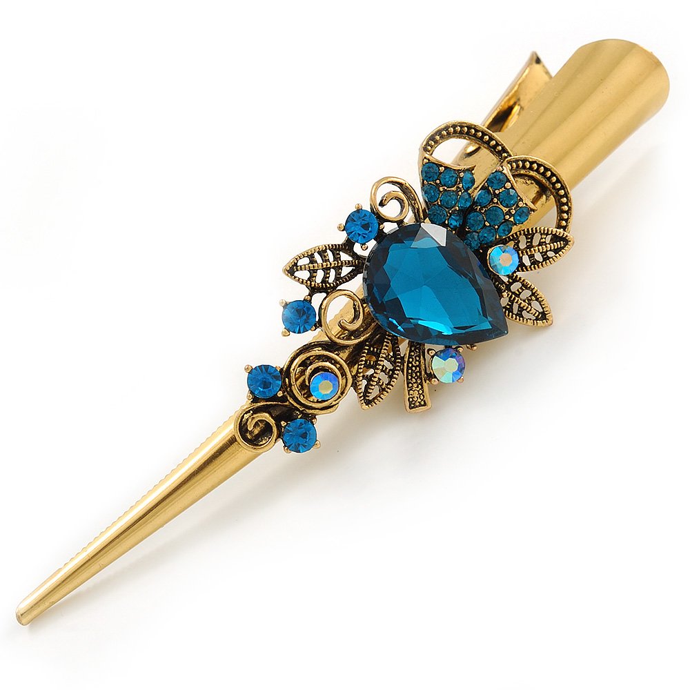 Long Vintage Inspired Gold Tone Teal Crystal Floral Hair Beak Clip/Concord/Crocodile Clip - 13.5cm L