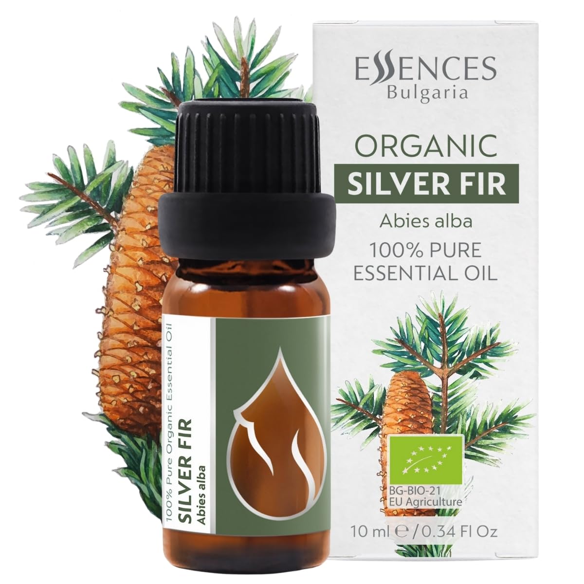Essences Bulgaria Organic Silver Fir Essential Oil 10ml | Abies alba | 100% Pure and Natural | Undiluted | Therapeutic Grade | Family Owned Farm | Steam-Distilled | Non-GMO | Vegan