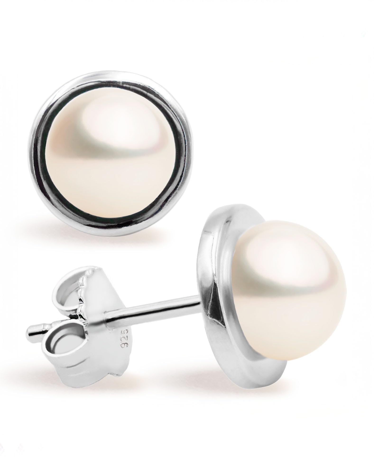 Women Pearl Stud Earrings, Fresh Water Cultured Pearls Button Shape 7-8 mm with a Silver Circle Mount by Secret & You | Sterling Silver 925 Mounts with big nuts.