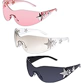 Nydotd 3 Pairs Y2K Sunglasses for Women Men, Rimless Star Trendy Wrap Around Frameless Sun Glasses 2000S Shield for Outdoor