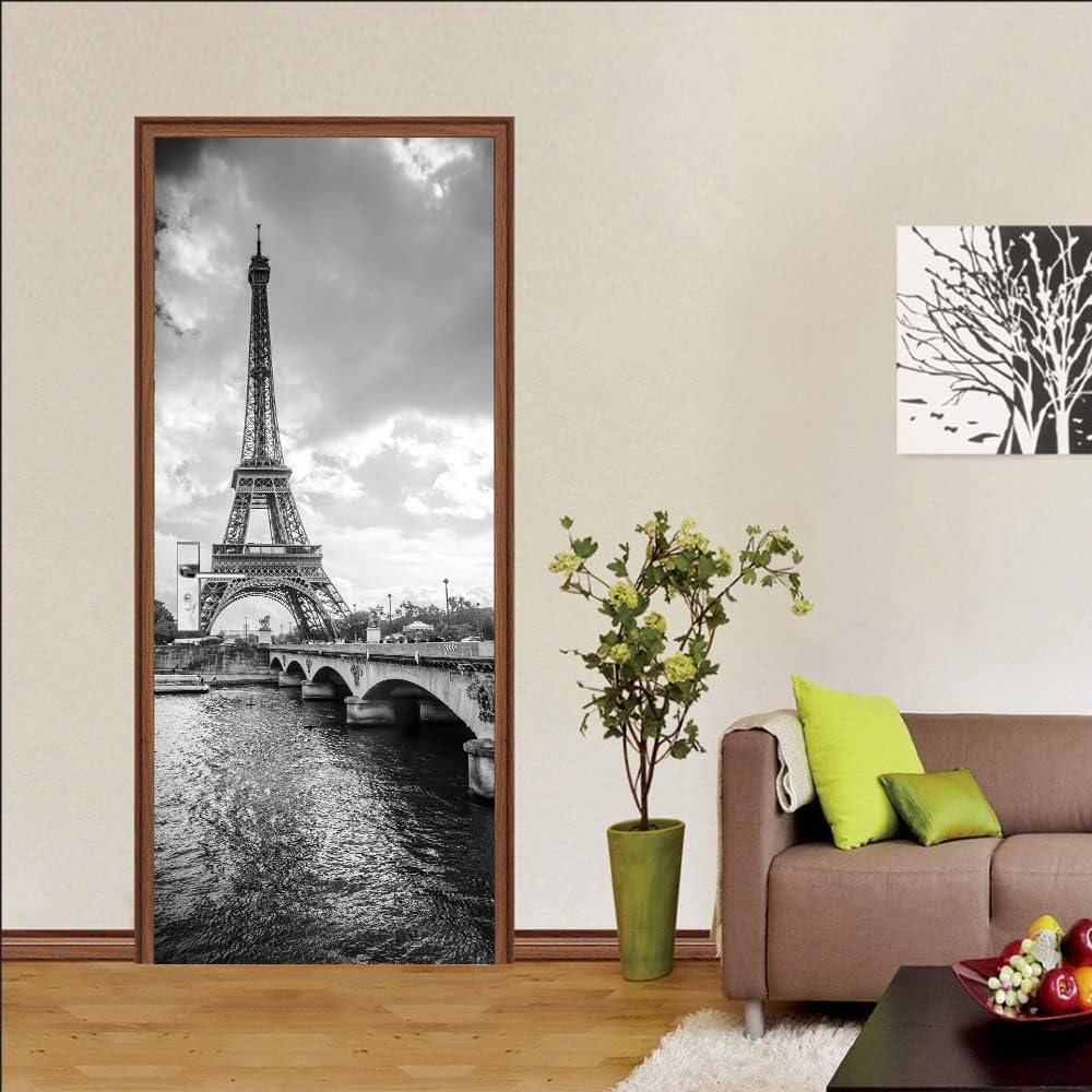 Sticker Porte Trompe-l'Œil Tour Eiffel 3D - 77x200cm - Noir Et Blanc - Adhésif Amovible
