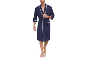 MAYFISH 100% Cotton Men's Summer Bathrobe Short Sleeve Lightweight Robe Soft Breathable Knee-Length Lounge Robe with Pockets