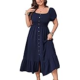 SCOMCHIC Womens Plus Size Summer Dresses Short Sleeve Square Neck Button Down Smocked Casual Ruffle Slit Maxi Boho Dress