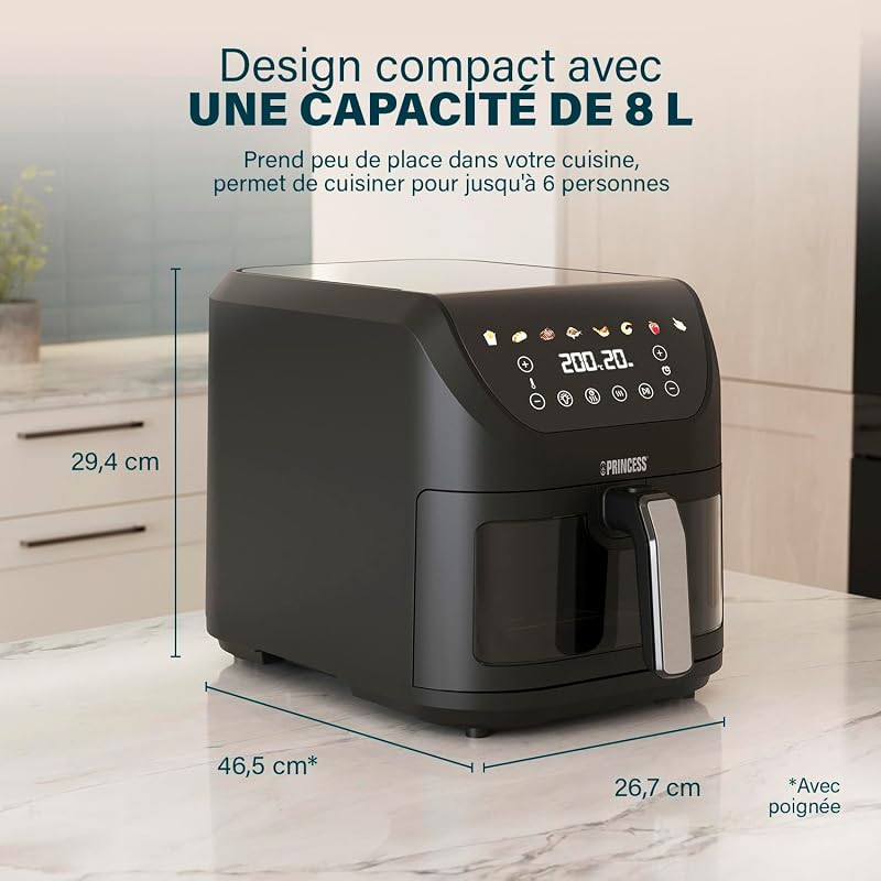 SlimFry Airfryer, Capacité 8L, 2000W, 8 Programmes, Écran Tactile Digital, Température Réglable, Fenêtre de Visualisation, Arrêt Automatique, Panier Lavable, 182257, Noir