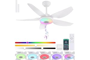 Kviflon 46" Ceiling Fans with Lights and Remote/APP Control, Modern 2 Downrods Ceiling Fans with 5 Reversible Blades, 3 CCT Dimmable+RGB Colors+Music Player for Party Kids Game Room, White