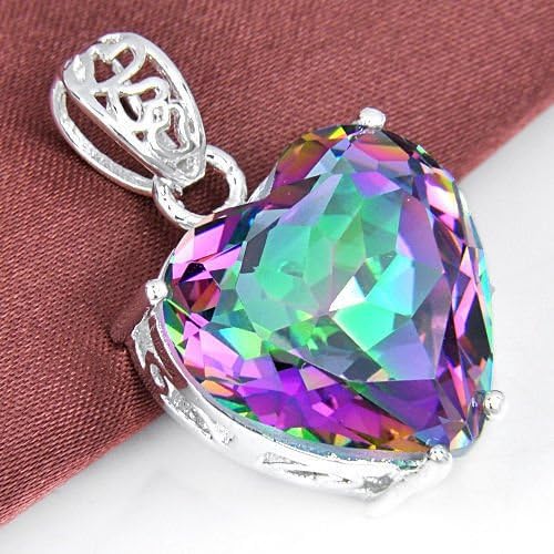 Woman Silver Love Heart Rainbow Mystical Topaz Gemstone Silver Necklace Pendant