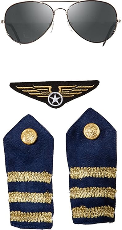 Pilot Piloten Flieger Set 4 teilig Brille Schulterklappen und Patch