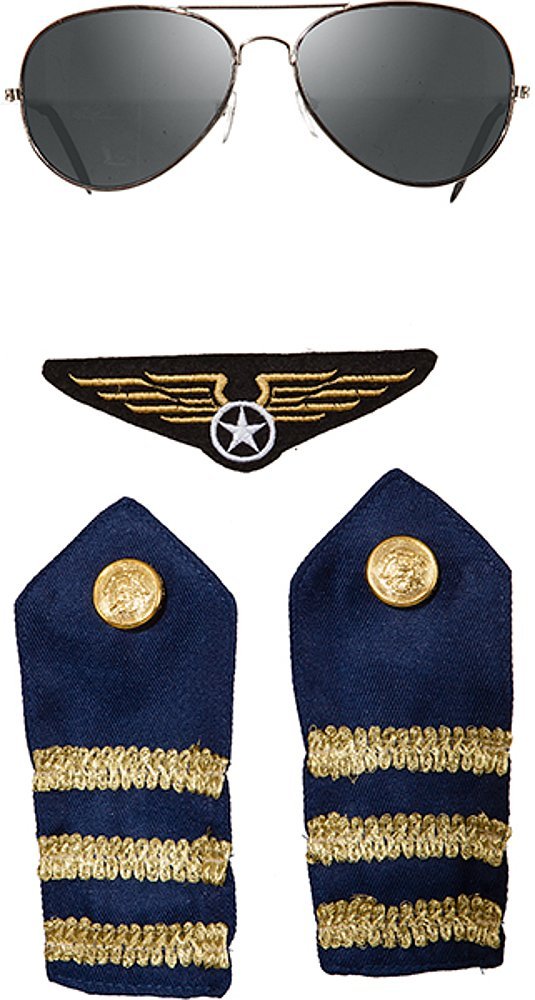 Pilot Piloten Flieger Set 4 teilig Brille Schulterklappen und Patch